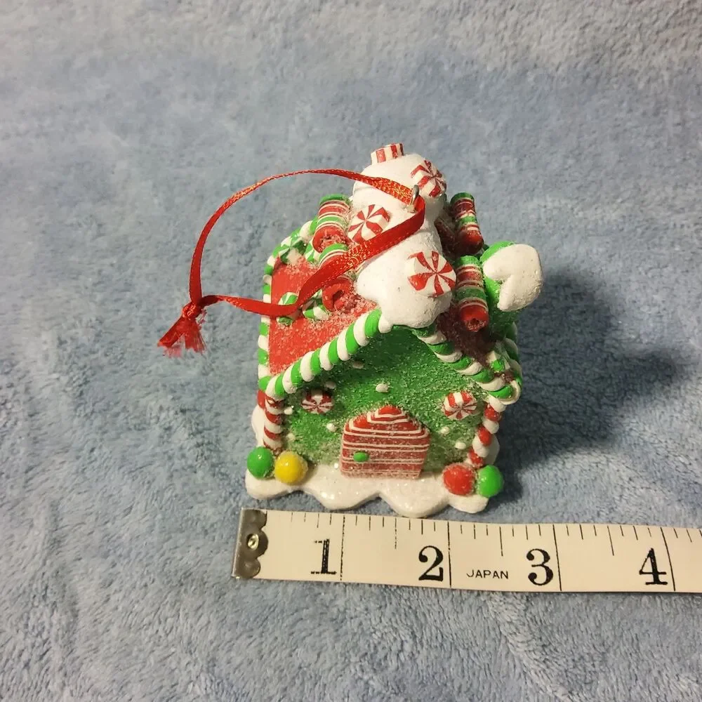 Green Gingerbread House Christmas Ornament Peppermint Candy Cane Clay Dough 3.25
